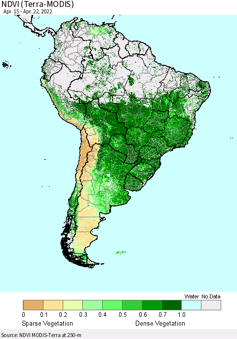 South America NDVI (Terra-MODIS) Thematic Map For 4/15/2022 - 4/22/2022