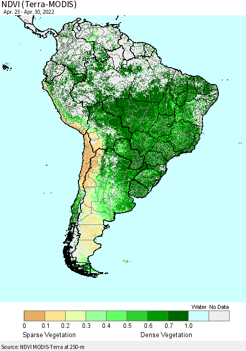 South America NDVI (Terra-MODIS) Thematic Map For 4/23/2022 - 4/30/2022