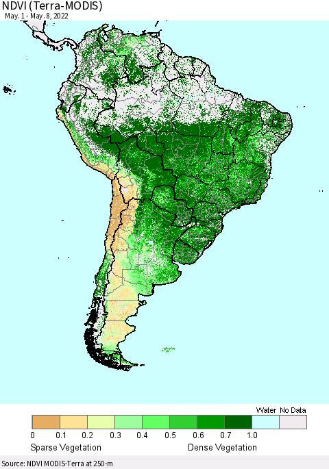 South America NDVI (Terra-MODIS) Thematic Map For 5/1/2022 - 5/8/2022