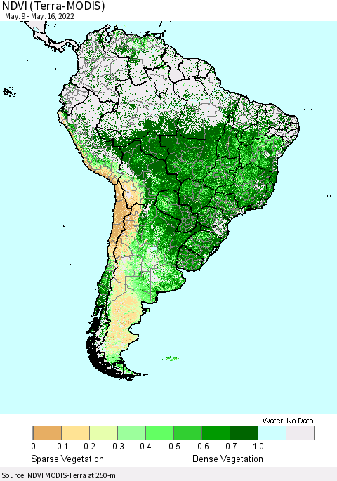 South America NDVI (Terra-MODIS) Thematic Map For 5/9/2022 - 5/16/2022