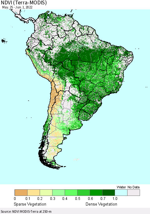 South America NDVI (Terra-MODIS) Thematic Map For 5/25/2022 - 6/1/2022