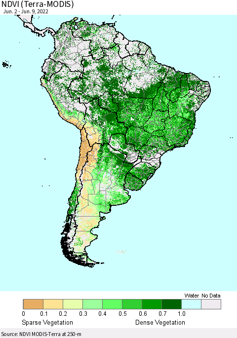 South America NDVI (Terra-MODIS) Thematic Map For 6/2/2022 - 6/9/2022