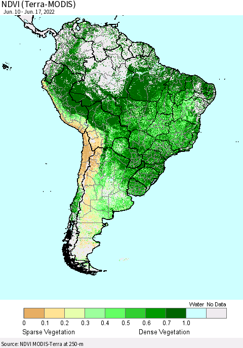 South America NDVI (Terra-MODIS) Thematic Map For 6/10/2022 - 6/17/2022