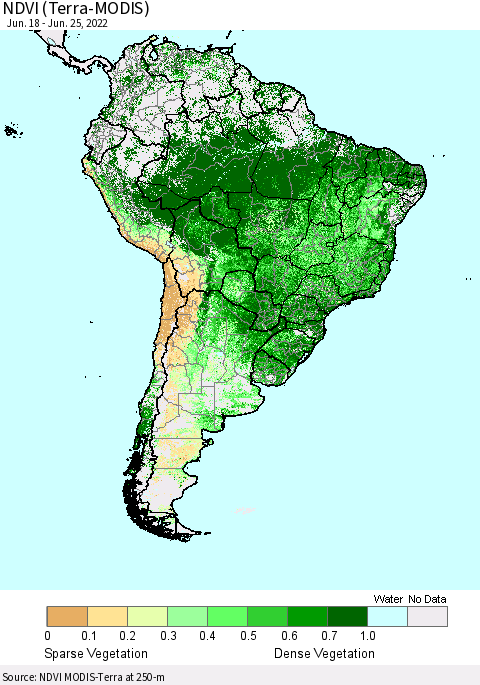 South America NDVI (Terra-MODIS) Thematic Map For 6/18/2022 - 6/25/2022