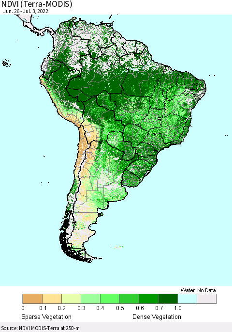 South America NDVI (Terra-MODIS) Thematic Map For 6/26/2022 - 7/3/2022