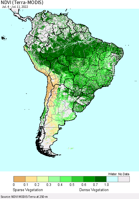 South America NDVI (Terra-MODIS) Thematic Map For 7/4/2022 - 7/11/2022