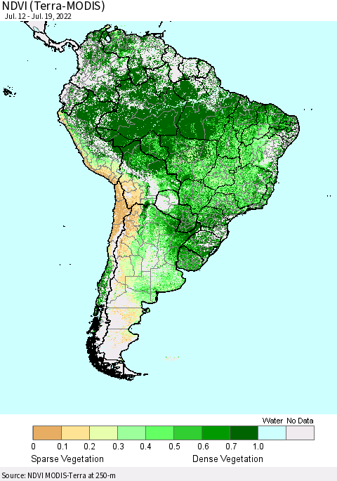 South America NDVI (Terra-MODIS) Thematic Map For 7/12/2022 - 7/19/2022