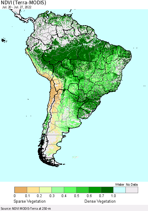 South America NDVI (Terra-MODIS) Thematic Map For 7/20/2022 - 7/27/2022