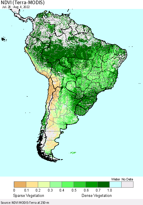 South America NDVI (Terra-MODIS) Thematic Map For 7/28/2022 - 8/4/2022