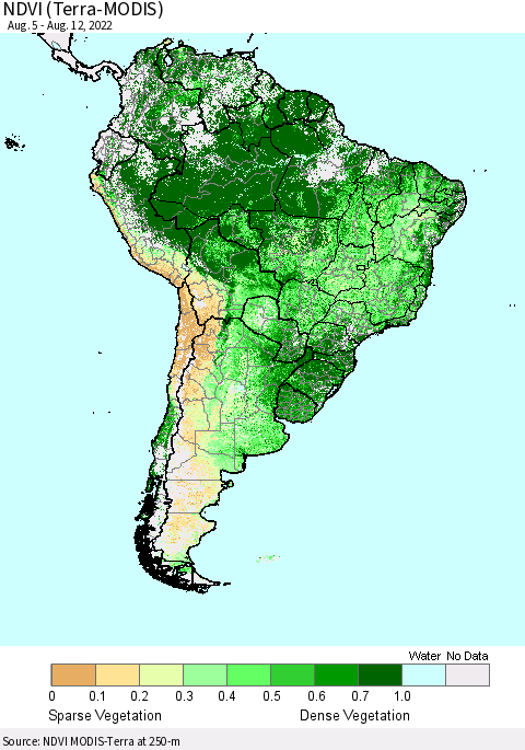 South America NDVI (Terra-MODIS) Thematic Map For 8/5/2022 - 8/12/2022