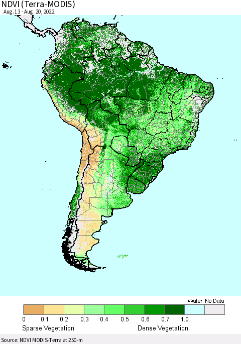South America NDVI (Terra-MODIS) Thematic Map For 8/13/2022 - 8/20/2022