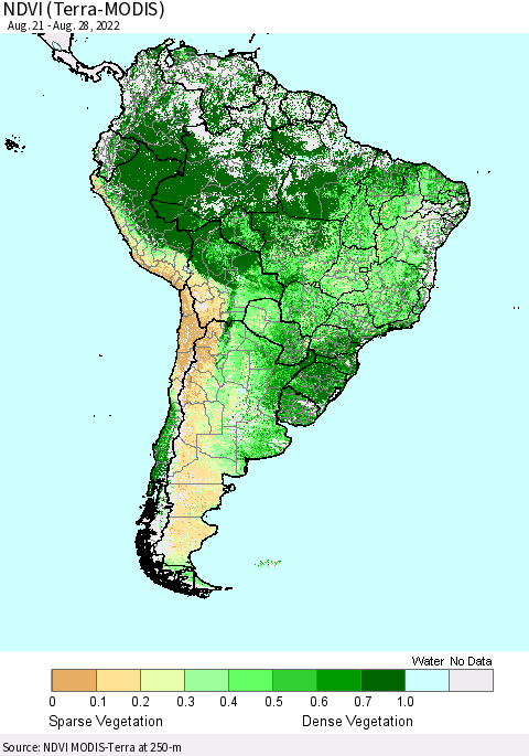 South America NDVI (Terra-MODIS) Thematic Map For 8/21/2022 - 8/28/2022