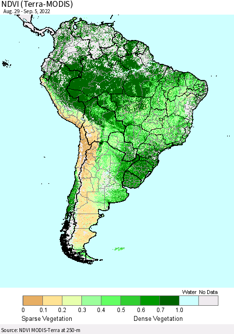 South America NDVI (Terra-MODIS) Thematic Map For 8/29/2022 - 9/5/2022