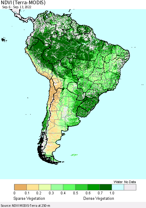 South America NDVI (Terra-MODIS) Thematic Map For 9/6/2022 - 9/13/2022