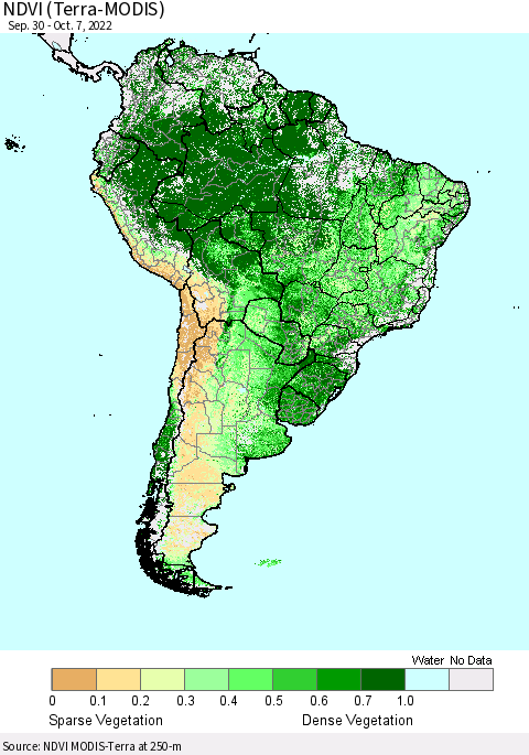 South America NDVI (Terra-MODIS) Thematic Map For 9/30/2022 - 10/7/2022