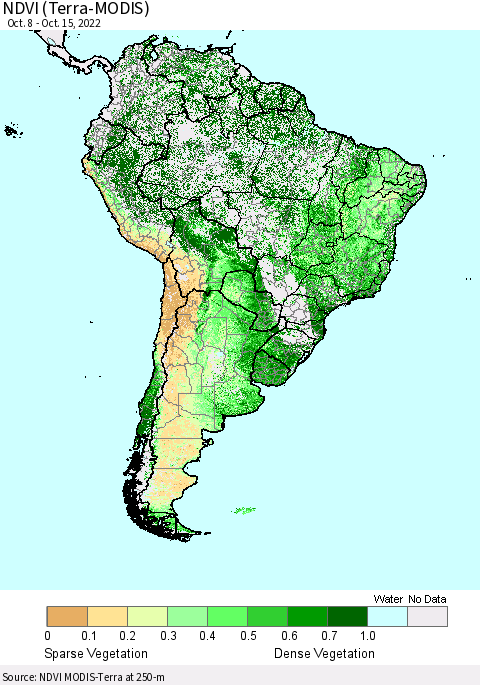 South America NDVI (Terra-MODIS) Thematic Map For 10/8/2022 - 10/15/2022