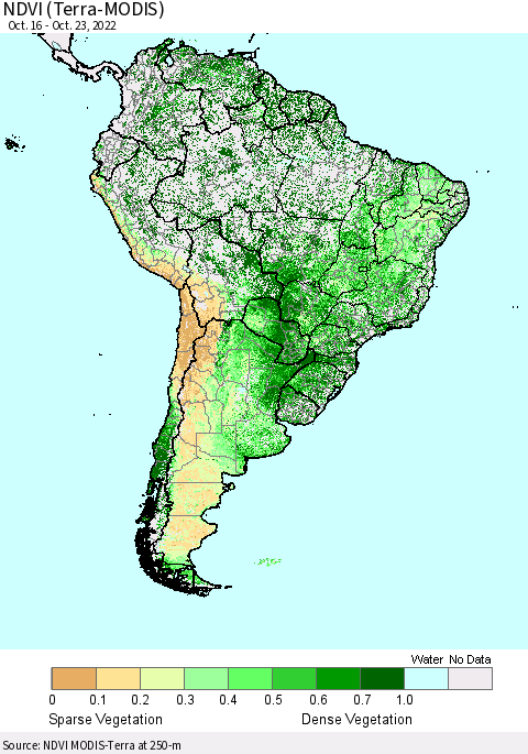 South America NDVI (Terra-MODIS) Thematic Map For 10/16/2022 - 10/23/2022
