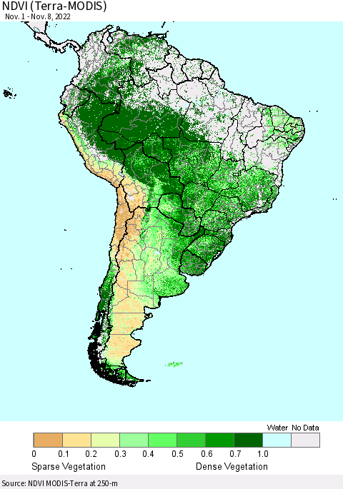 South America NDVI (Terra-MODIS) Thematic Map For 11/1/2022 - 11/8/2022