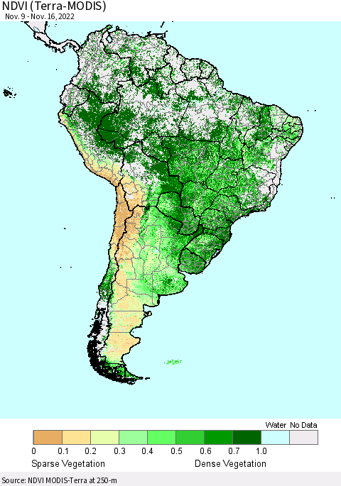 South America NDVI (Terra-MODIS) Thematic Map For 11/9/2022 - 11/16/2022