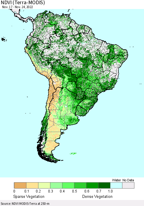 South America NDVI (Terra-MODIS) Thematic Map For 11/17/2022 - 11/24/2022