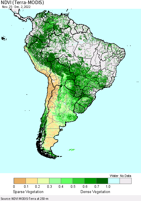 South America NDVI (Terra-MODIS) Thematic Map For 11/25/2022 - 12/2/2022