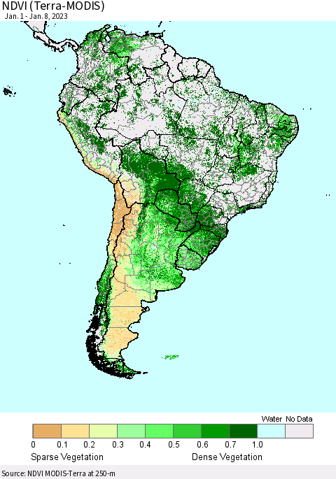 South America NDVI (Terra-MODIS) Thematic Map For 1/1/2023 - 1/8/2023