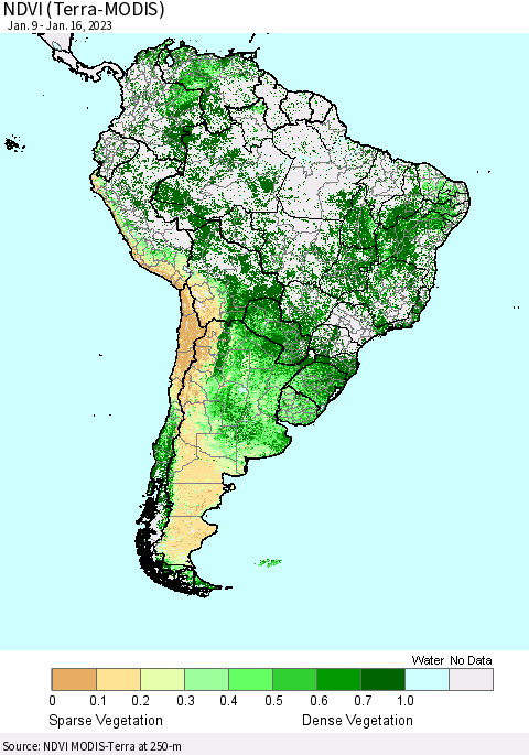 South America NDVI (Terra-MODIS) Thematic Map For 1/9/2023 - 1/16/2023