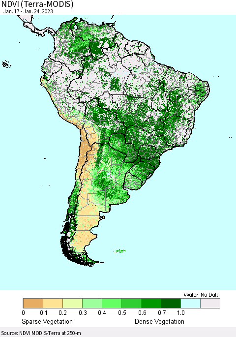 South America NDVI (Terra-MODIS) Thematic Map For 1/17/2023 - 1/24/2023