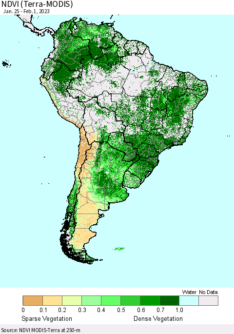 South America NDVI (Terra-MODIS) Thematic Map For 1/25/2023 - 2/1/2023