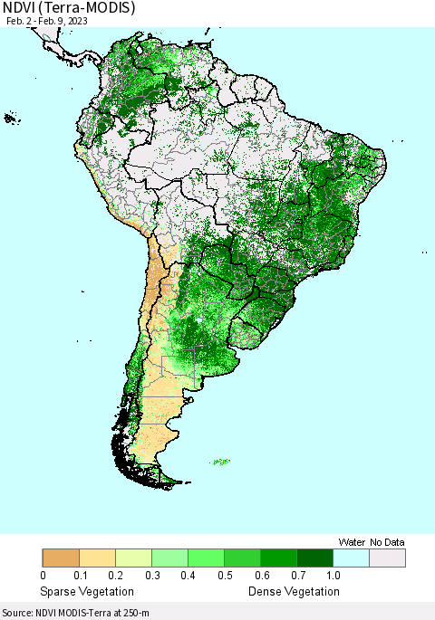 South America NDVI (Terra-MODIS) Thematic Map For 2/2/2023 - 2/9/2023