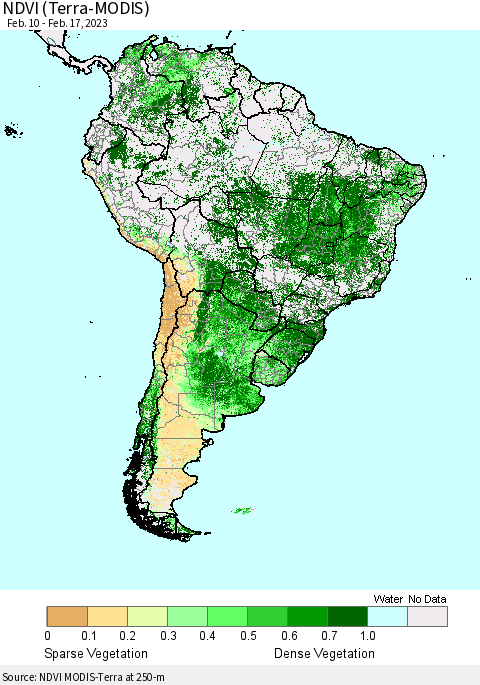 South America NDVI (Terra-MODIS) Thematic Map For 2/10/2023 - 2/17/2023