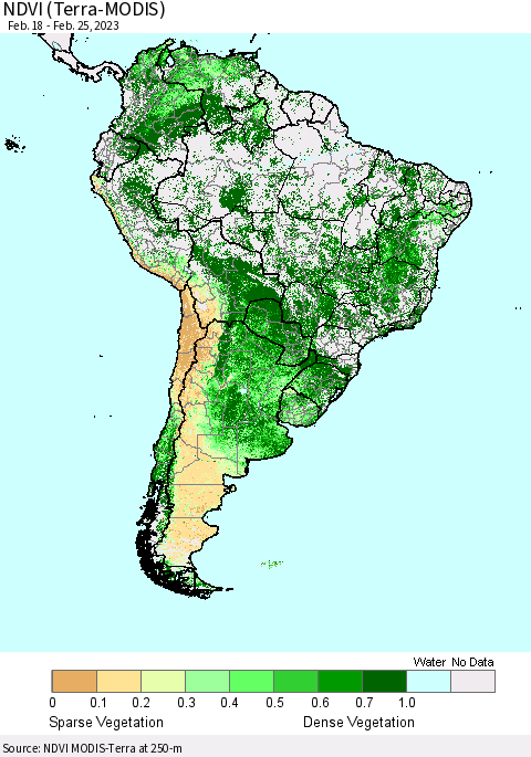 South America NDVI (Terra-MODIS) Thematic Map For 2/18/2023 - 2/25/2023