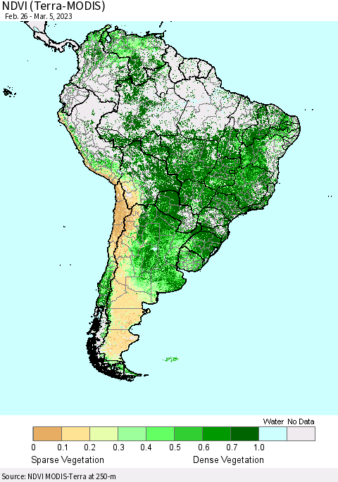 South America NDVI (Terra-MODIS) Thematic Map For 2/26/2023 - 3/5/2023