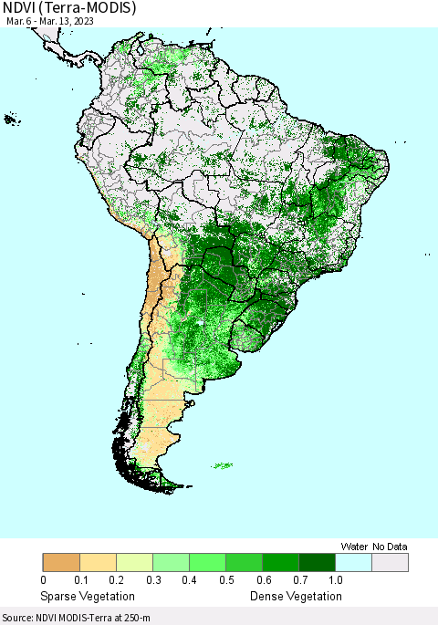 South America NDVI (Terra-MODIS) Thematic Map For 3/6/2023 - 3/13/2023