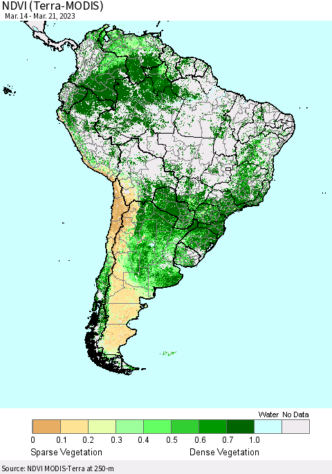 South America NDVI (Terra-MODIS) Thematic Map For 3/14/2023 - 3/21/2023