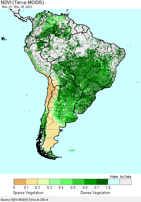 South America NDVI (Terra-MODIS) Thematic Map For 3/22/2023 - 3/29/2023