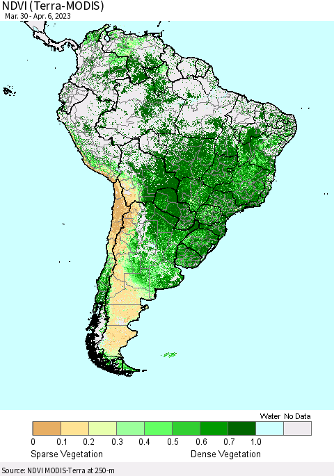 South America NDVI (Terra-MODIS) Thematic Map For 3/30/2023 - 4/6/2023