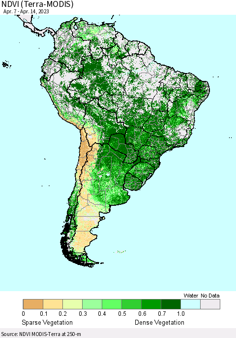 South America NDVI (Terra-MODIS) Thematic Map For 4/7/2023 - 4/14/2023