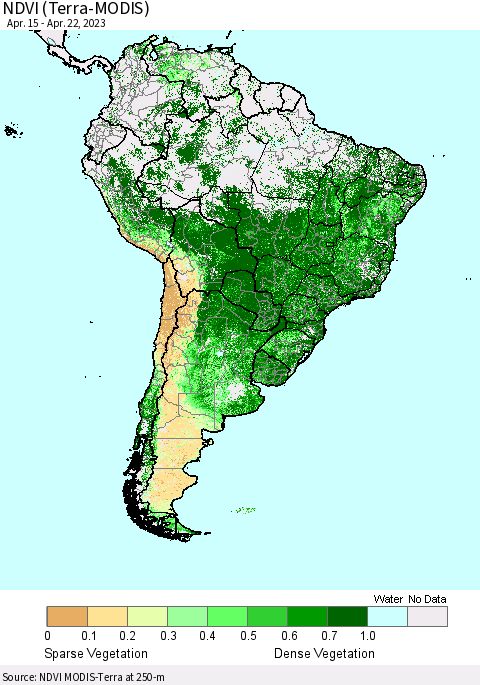 South America NDVI (Terra-MODIS) Thematic Map For 4/15/2023 - 4/22/2023