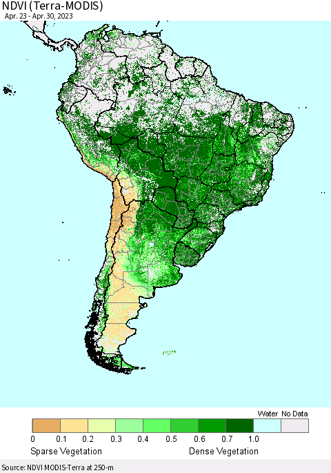South America NDVI (Terra-MODIS) Thematic Map For 4/23/2023 - 4/30/2023