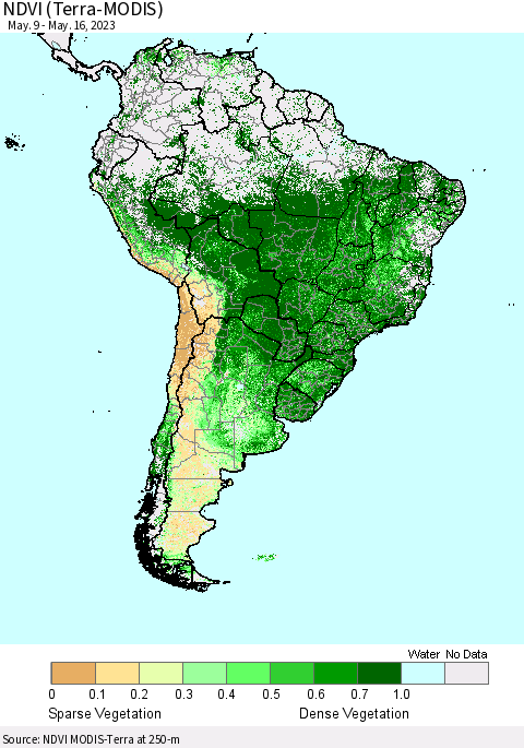 South America NDVI (Terra-MODIS) Thematic Map For 5/9/2023 - 5/16/2023