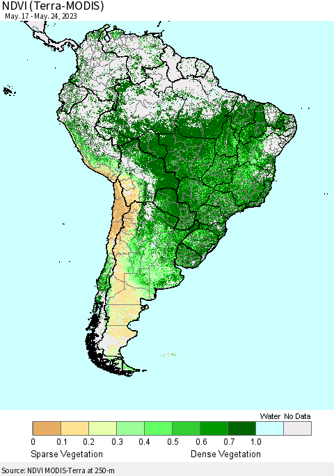 South America NDVI (Terra-MODIS) Thematic Map For 5/17/2023 - 5/24/2023