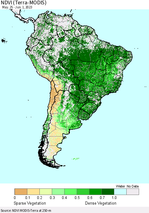 South America NDVI (Terra-MODIS) Thematic Map For 5/25/2023 - 6/1/2023