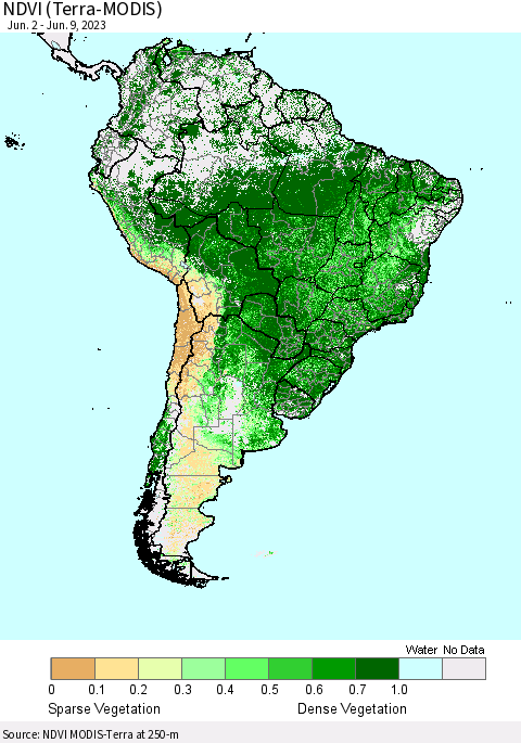 South America NDVI (Terra-MODIS) Thematic Map For 6/2/2023 - 6/9/2023