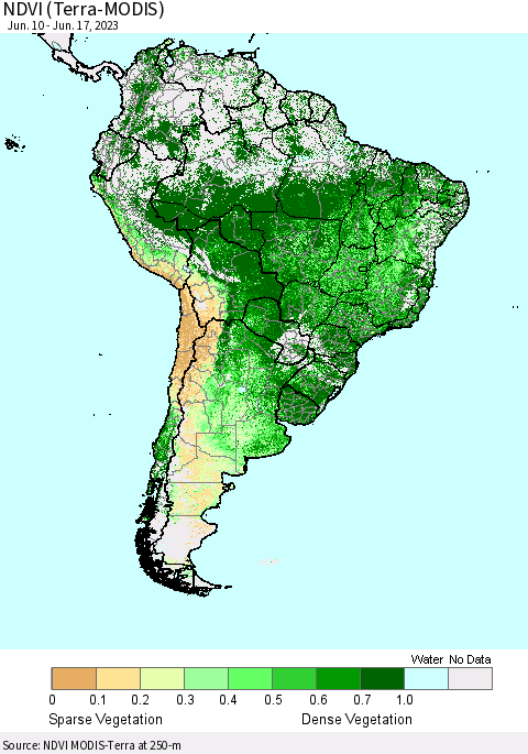 South America NDVI (Terra-MODIS) Thematic Map For 6/10/2023 - 6/17/2023