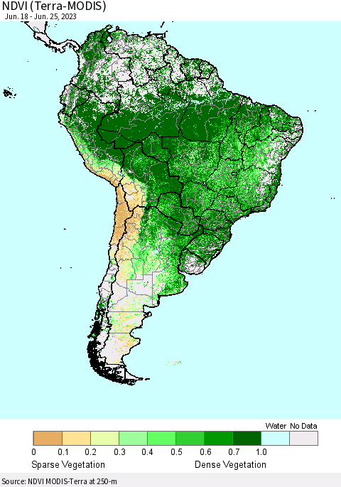 South America NDVI (Terra-MODIS) Thematic Map For 6/18/2023 - 6/25/2023