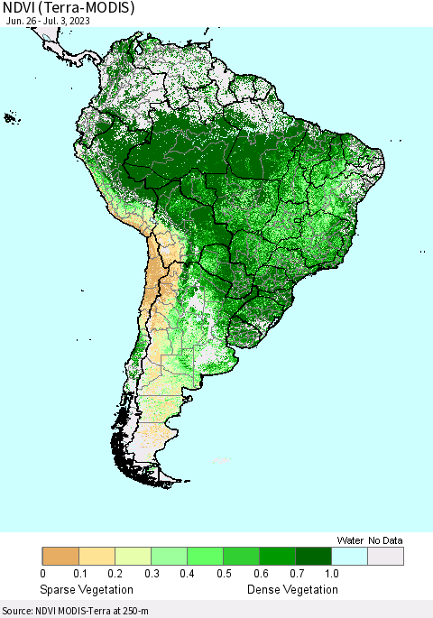 South America NDVI (Terra-MODIS) Thematic Map For 6/26/2023 - 7/3/2023