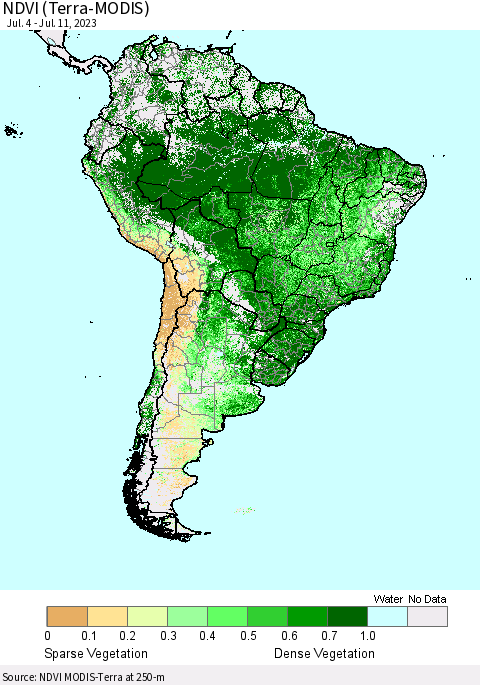 South America NDVI (Terra-MODIS) Thematic Map For 7/4/2023 - 7/11/2023