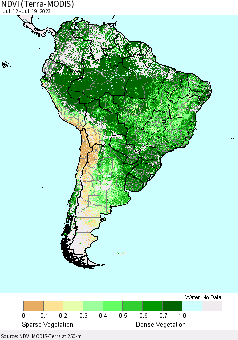 South America NDVI (Terra-MODIS) Thematic Map For 7/12/2023 - 7/19/2023