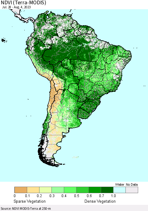 South America NDVI (Terra-MODIS) Thematic Map For 7/28/2023 - 8/4/2023